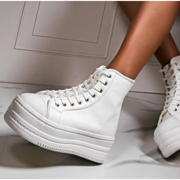 NIB Chunky White Vegan Leather Platform High Top Sneakers Streetwear Y2K Revive - Picture 6 of 10